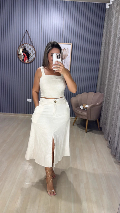 Conjunto saia midi linho