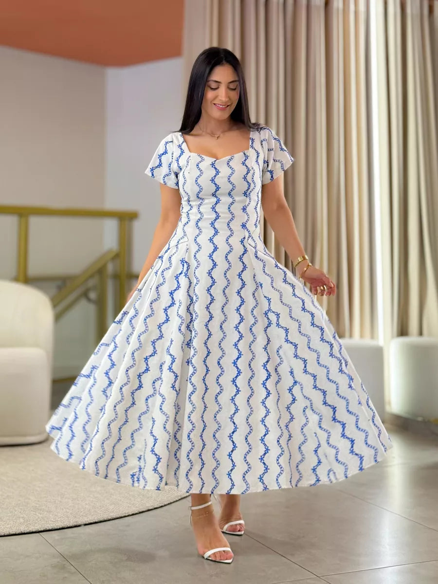 Vestido Camila Areia E Azul
